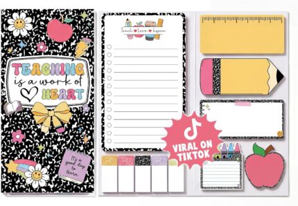 Folded BEAWART sticky notes set with "Teaching is a Work of Heart" quote, open to show various note designs.