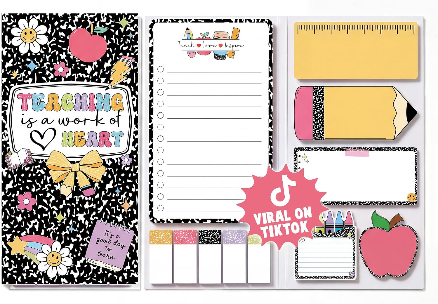 beawart-teaching-is-a-work-of-heart-sticky-notes-set-440-sheets-01 Folded BEAWART sticky notes set with "Teaching is a Work of Heart" quote, open to show various note designs.