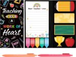 Foldable BESARME Teacher Sticky Notes Set with colorful memo pads and two pens, displayed open on a desk.