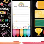 Foldable BESARME Teacher Sticky Notes Set with colorful memo pads and two pens, displayed open on a desk.