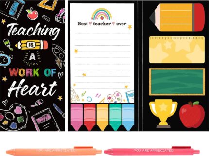 Foldable BESARME Teacher Sticky Notes Set with colorful memo pads and two pens, displayed open on a desk.