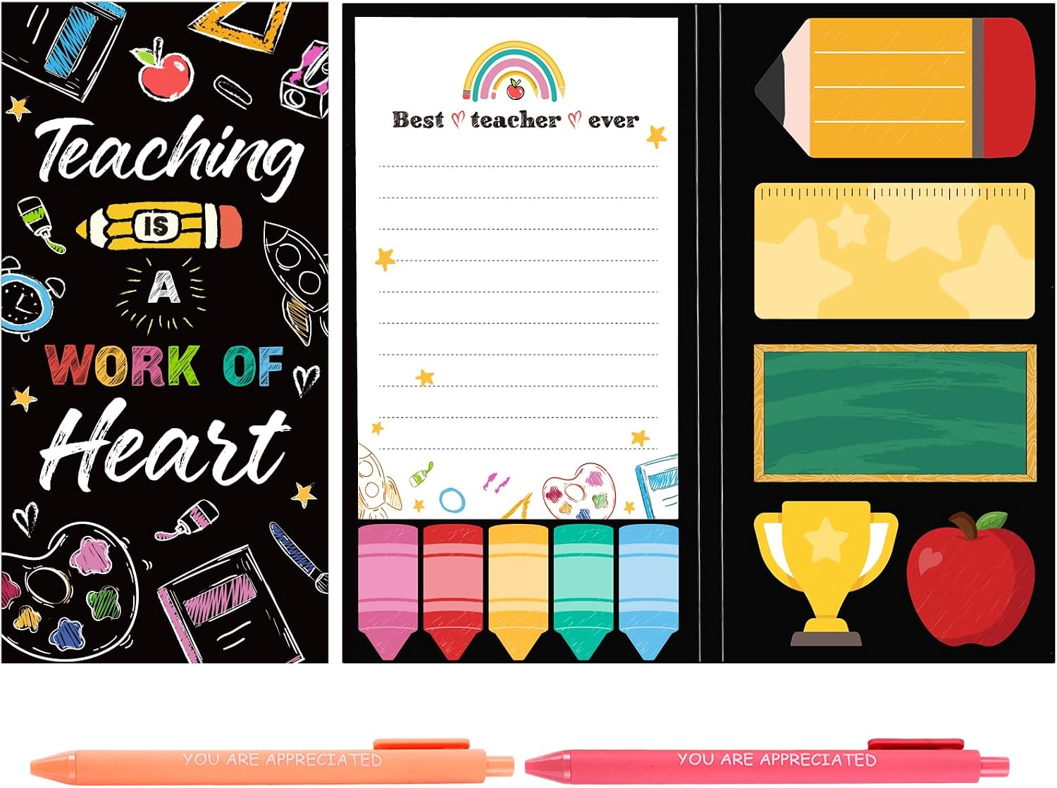 besarme-teacher-sticky-notes-set-with-2-pens-for-lesson-planning-reminders-01 Foldable BESARME Teacher Sticky Notes Set with colorful memo pads and two pens, displayed open on a desk.