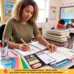Foldable BESARME Teacher Sticky Notes Set with colorful memo pads and two pens, displayed open on a desk.