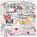 A colorful assortment of 50 CAKOLINK teacher-themed vinyl stickers, featuring various designs and phrases.