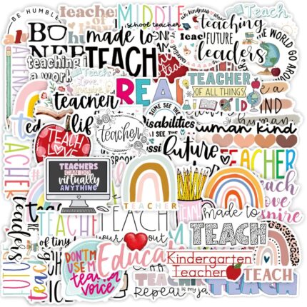 A colorful assortment of 50 CAKOLINK teacher-themed vinyl stickers, featuring various designs and phrases.