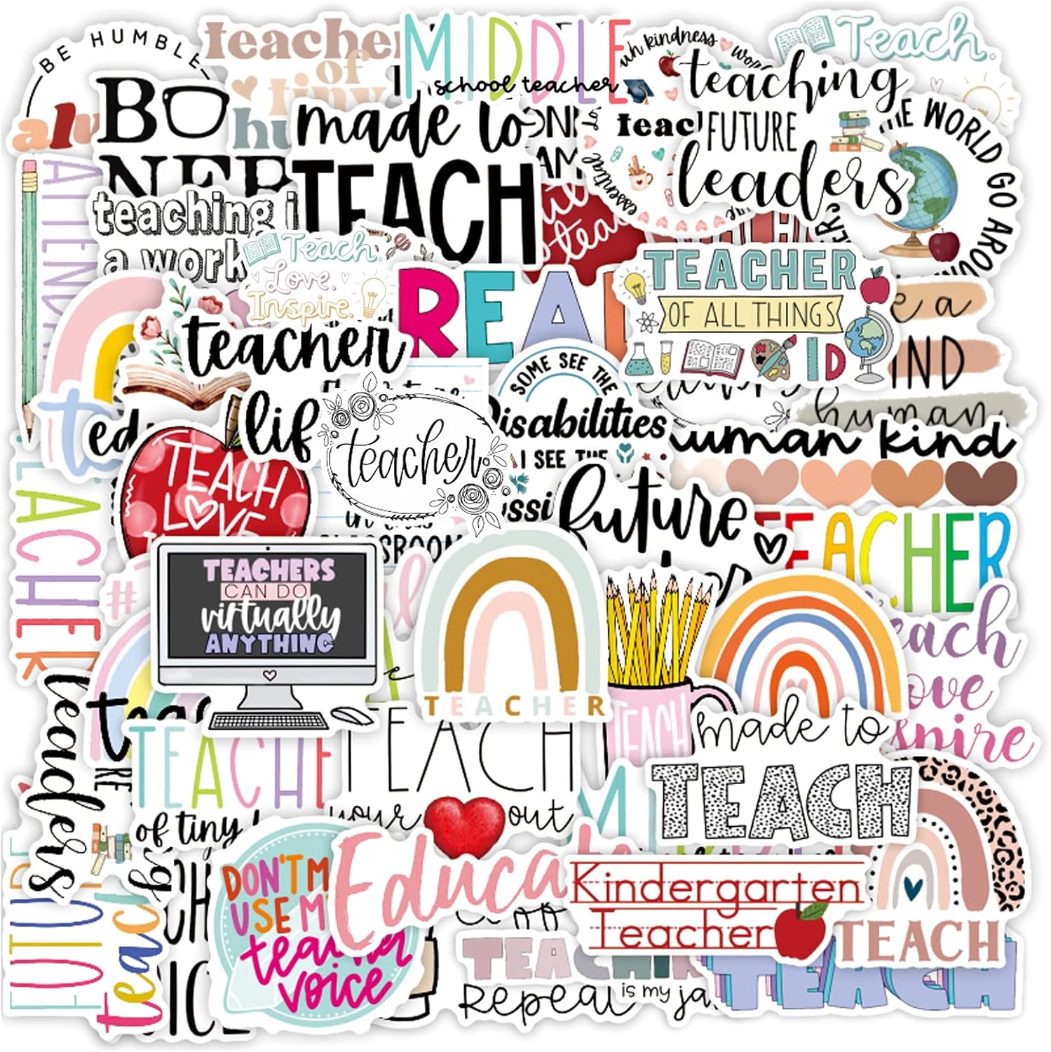cakolink-50-piece-teacher-vinyl-stickers-for-laptops-water-bottles-01 A colorful assortment of 50 CAKOLINK teacher-themed vinyl stickers, featuring various designs and phrases.