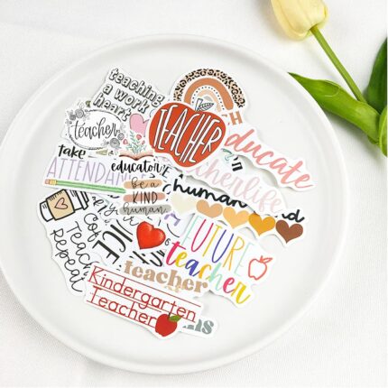 A colorful assortment of 50 CAKOLINK teacher-themed vinyl stickers, featuring various designs and phrases.