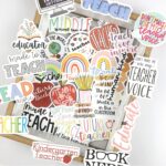 A colorful assortment of 50 CAKOLINK teacher-themed vinyl stickers, featuring various designs and phrases.