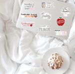 A colorful assortment of 50 CAKOLINK teacher-themed vinyl stickers, featuring various designs and phrases.