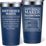 A navy blue DOEARTE 20oz insulated tumbler with 'Difference Maker' text and a gift box.