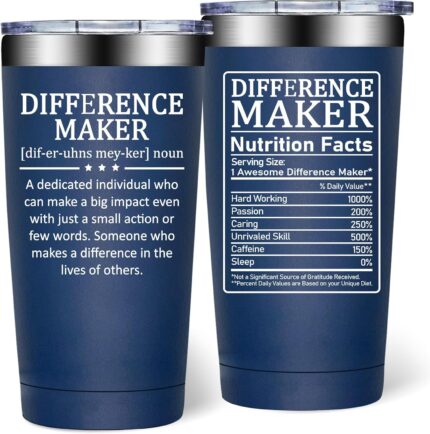 A navy blue DOEARTE 20oz insulated tumbler with 'Difference Maker' text and a gift box.