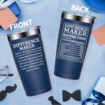 A navy blue DOEARTE 20oz insulated tumbler with 'Difference Maker' text and a gift box.