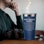 A navy blue DOEARTE 20oz insulated tumbler with 'Difference Maker' text and a gift box.