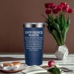 A navy blue DOEARTE 20oz insulated tumbler with 'Difference Maker' text and a gift box.