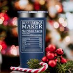 A navy blue DOEARTE 20oz insulated tumbler with 'Difference Maker' text and a gift box.