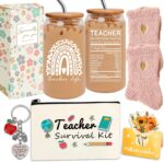 A complete 8-piece HAOQINA Teacher Appreciation Gift Set featuring a glass cup, bamboo lid, fuzzy socks, and a 'Teacher Survi