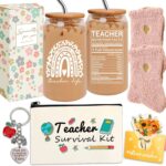 A complete 8-piece HAOQINA Teacher Appreciation Gift Set featuring a glass cup, bamboo lid, fuzzy socks, and a 'Teacher Survi