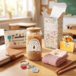 A complete 8-piece HAOQINA Teacher Appreciation Gift Set featuring a glass cup, bamboo lid, fuzzy socks, and a 'Teacher Survi
