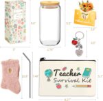 A complete 8-piece HAOQINA Teacher Appreciation Gift Set featuring a glass cup, bamboo lid, fuzzy socks, and a 'Teacher Survi