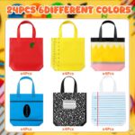 A set of 24 colorful non-woven tote bags with various back-to-school designs like pencils, crayons, and apples.