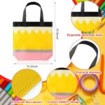 A set of 24 colorful non-woven tote bags with various back-to-school designs like pencils, crayons, and apples.