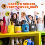 A set of 24 colorful non-woven tote bags with various back-to-school designs like pencils, crayons, and apples.