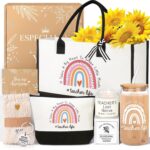An 8-piece iAOVUEBY teacher appreciation gift set in a box, featuring a glass tumbler, canvas tote bag, candle, and keychain.