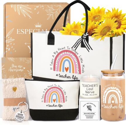 An 8-piece iAOVUEBY teacher appreciation gift set in a box, featuring a glass tumbler, canvas tote bag, candle, and keychain.