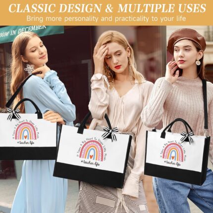 An 8-piece iAOVUEBY teacher appreciation gift set in a box, featuring a glass tumbler, canvas tote bag, candle, and keychain.