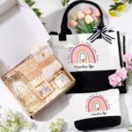 An 8-piece iAOVUEBY teacher appreciation gift set in a box, featuring a glass tumbler, canvas tote bag, candle, and keychain.