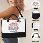 An 8-piece iAOVUEBY teacher appreciation gift set in a box, featuring a glass tumbler, canvas tote bag, candle, and keychain.