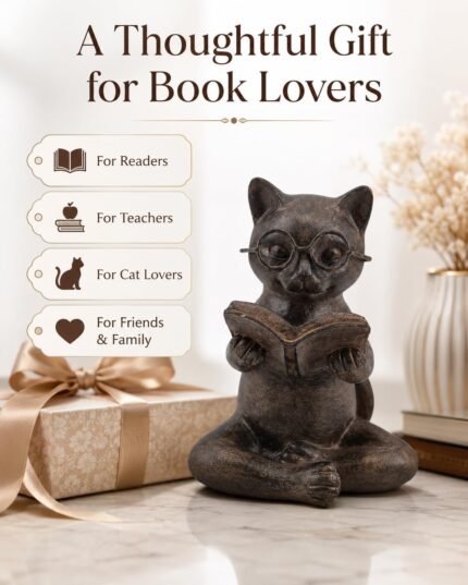 Bronze resin figurine of a cat with glasses, sitting cross-legged and reading an open book, on a light surface.