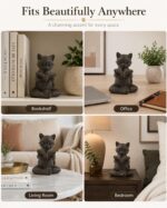 Bronze resin figurine of a cat with glasses, sitting cross-legged and reading an open book, on a light surface.