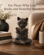 Bronze resin figurine of a cat with glasses, sitting cross-legged and reading an open book, on a light surface.