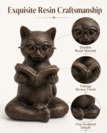 Bronze resin figurine of a cat with glasses, sitting cross-legged and reading an open book, on a light surface.