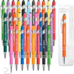 A colorful assortment of 40 LUAVIARU motivational pens, each with a stylus tip, displayed with individual bags.