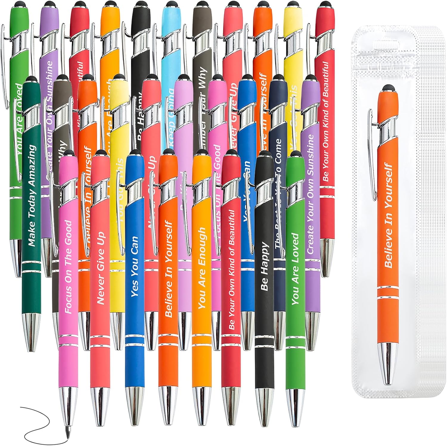luaviaru-40-piece-inspirational-pen-set-with-stylus-tip-motivational-sayings-01 A colorful assortment of 40 LUAVIARU motivational pens, each with a stylus tip, displayed with individual bags.
