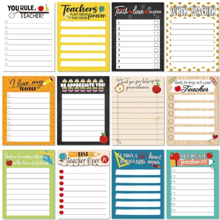 A set of 12 colorful Pajean teacher notepads with various appreciation-themed designs, each 3x4 inches and lined.