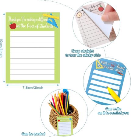 A set of 12 colorful Pajean teacher notepads with various appreciation-themed designs, each 3x4 inches and lined.