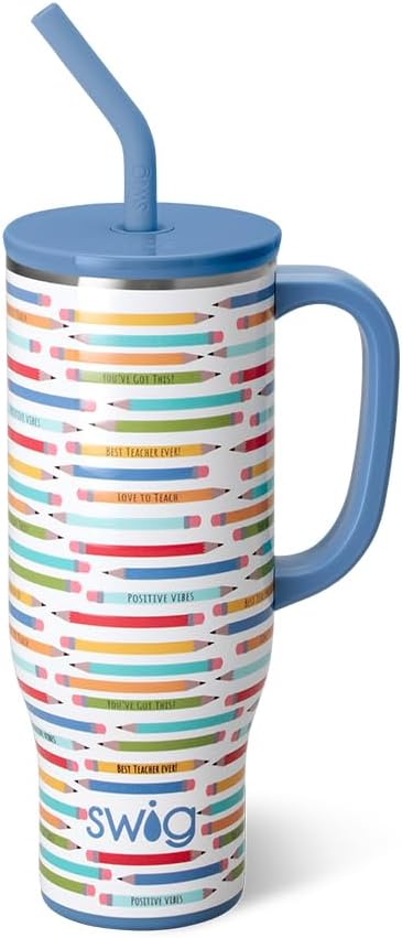 Swig Life 30oz Insulated Mega Mug in "Teacher Life" pattern with handle and straw, against a plain background.