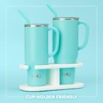 Swig Life 30oz Insulated Mega Mug in "Teacher Life" pattern with handle and straw, against a plain background.