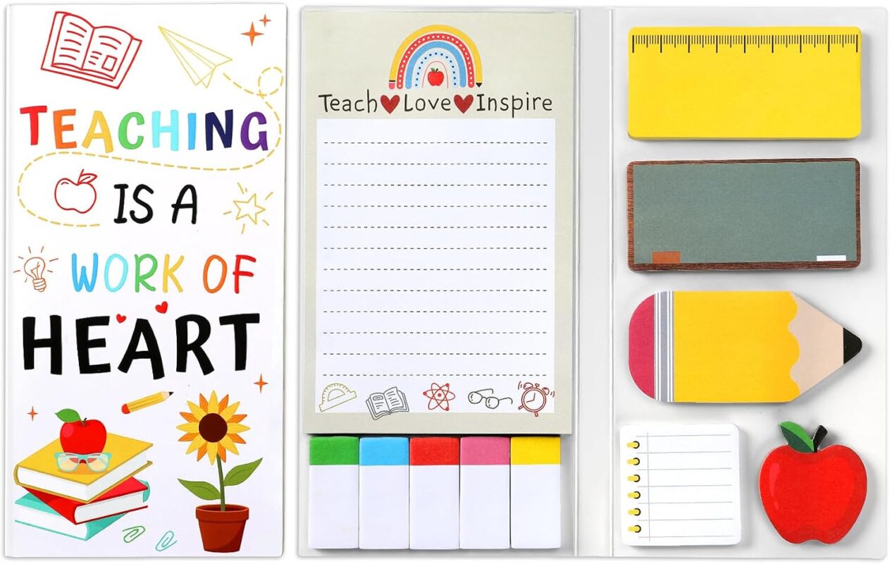 Close-up of a TecquorA Teacher Sticky Notes set with various pads featuring school and teacher themed designs.