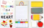Close-up of a TecquorA Teacher Sticky Notes set with various pads featuring school and teacher themed designs.