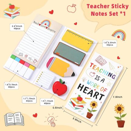 Close-up of a TecquorA Teacher Sticky Notes set with various pads featuring school and teacher themed designs.