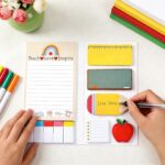 Close-up of a TecquorA Teacher Sticky Notes set with various pads featuring school and teacher themed designs.