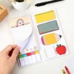 Close-up of a TecquorA Teacher Sticky Notes set with various pads featuring school and teacher themed designs.