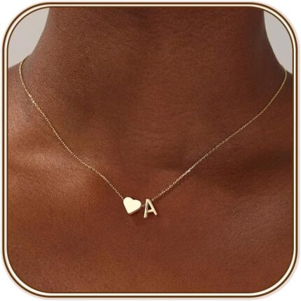 Close-up of a Turandoss 18K gold plated heart initial necklace with a letter A pendant on a white background.
