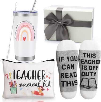 White 20 OZ insulated tumbler with teacher quote, funny socks, and a pen bag, all in a gift box.