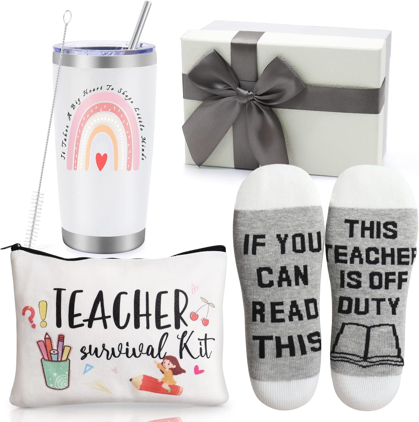 uarehiby-20-oz-teacher-appreciation-gift-set-insulated-tumbler-socks-pen-bag-01 White 20 OZ insulated tumbler with teacher quote, funny socks, and a pen bag, all in a gift box.