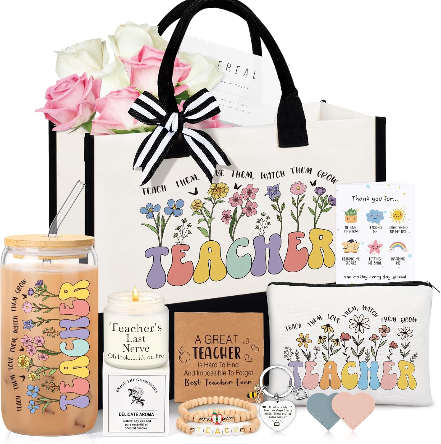 uarehiby-9-piece-floral-teacher-appreciation-gift-set-with-16oz-glass-cup-01 A UAREHIBY 9-piece floral teacher appreciation gift set with a 16oz glass cup, candle, and tote bag displayed in a gift box.